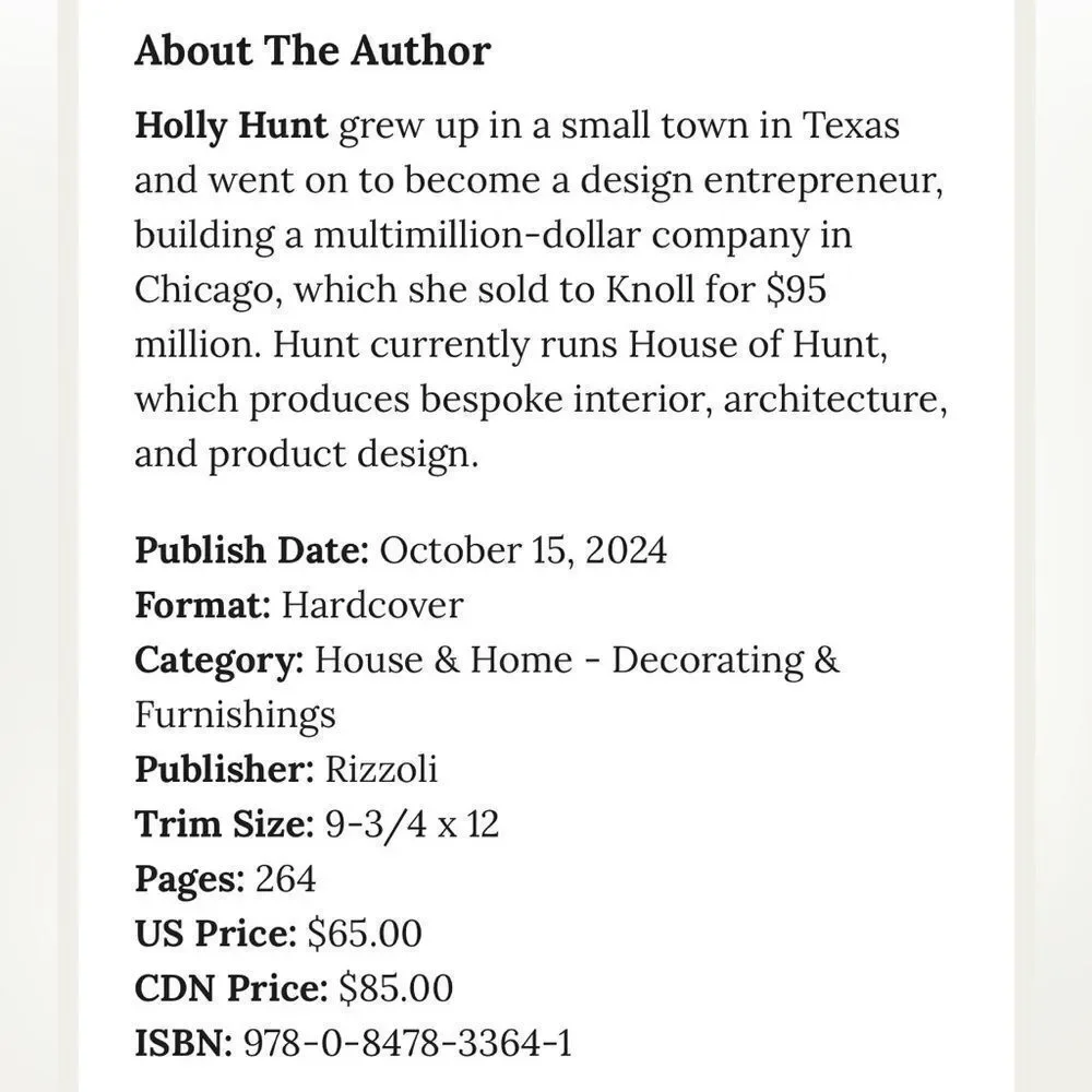 Holly Hunt : Fearless in the World of Design Hardcover Book, New.